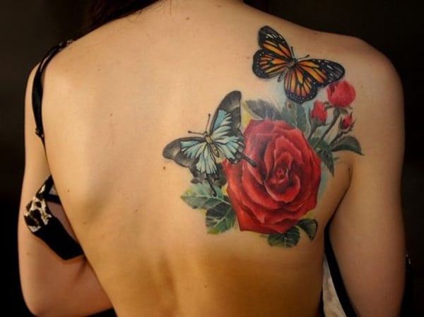 Rose and Butterfly Back Tattoos Design Ideas