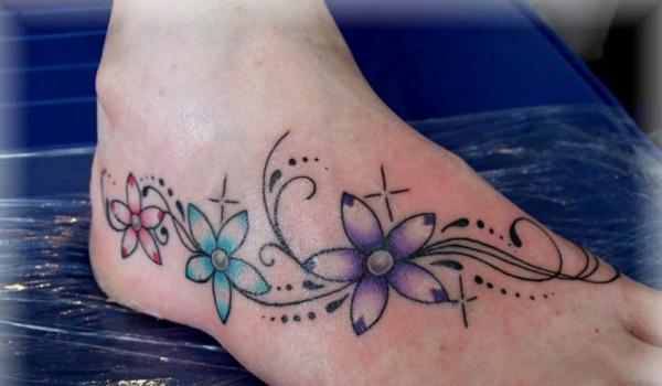 Fresh Flower and Star Tattoos on Foot 2016