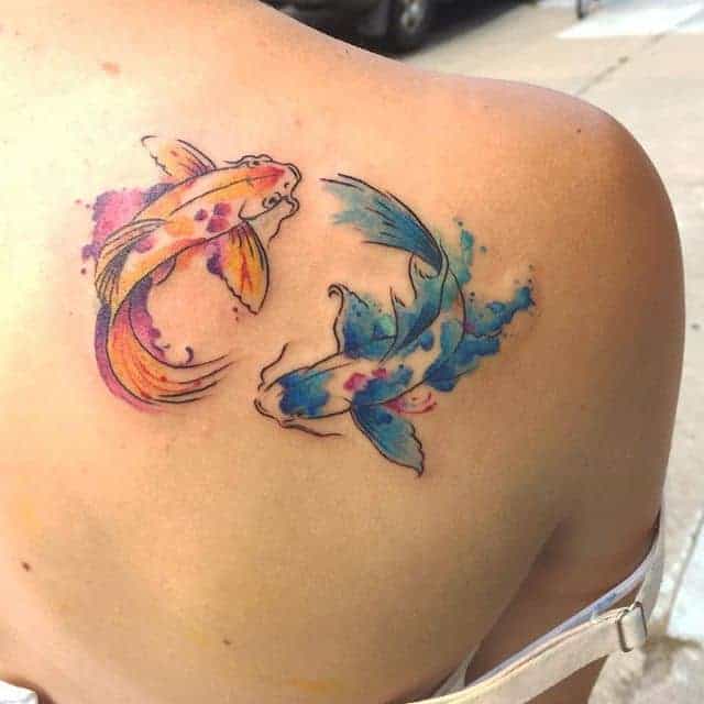 Watercolor Koi Fish Tattoo Design on Back Shoulder