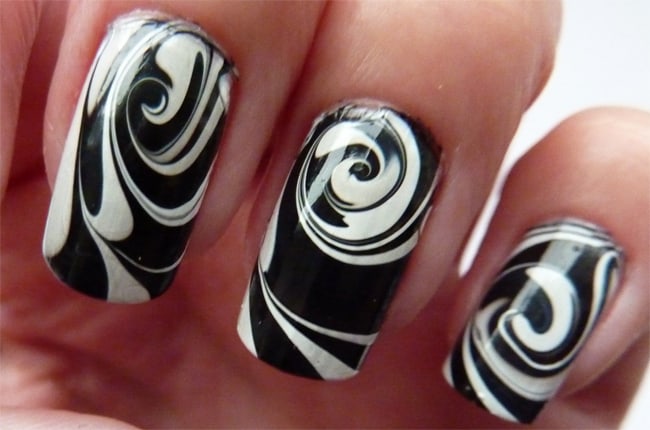 Cool Black and White Water Nail Art Design