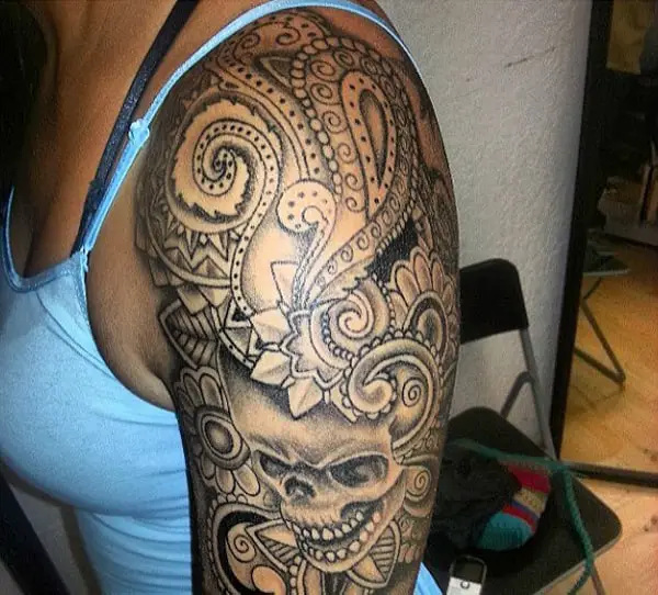 Great Aztec Skull Sleeve Tattoo Art Photos