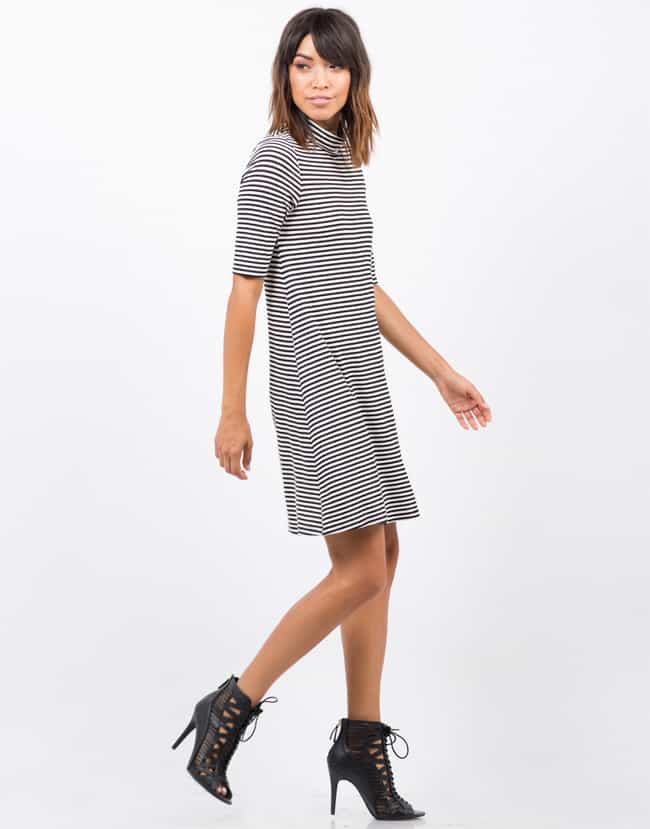 Striped Turtleneck Dresses With Long Heel Shoes