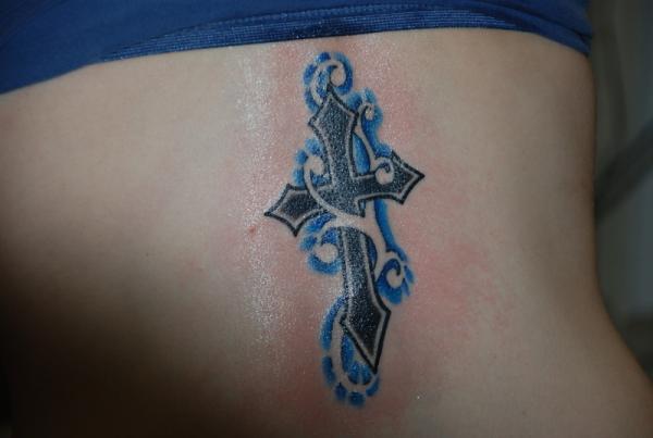 Black Celtic Cross Back Tattoo for Ladies
