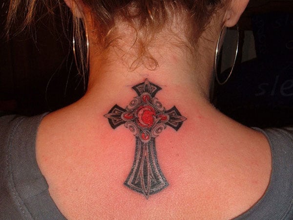 Jesus Celtic Cross Tattoo on Back Neck