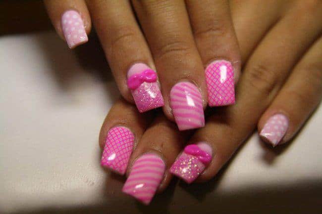 Acrylics Bows Fishnet Pink Nail Art for Christmas