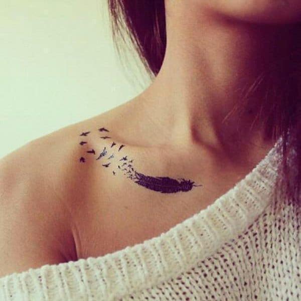 Birds and Feather Collar Bone Tattoo Designs
