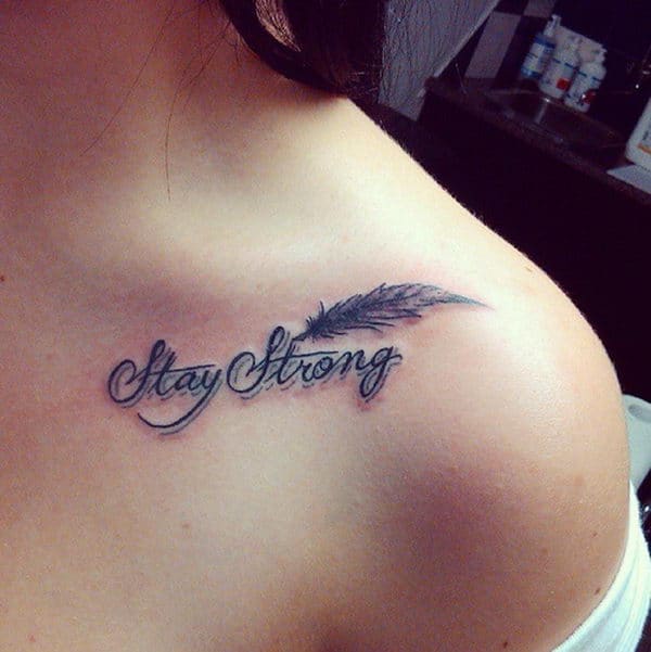 Collar Bone Feather and Script Letters Tattoos