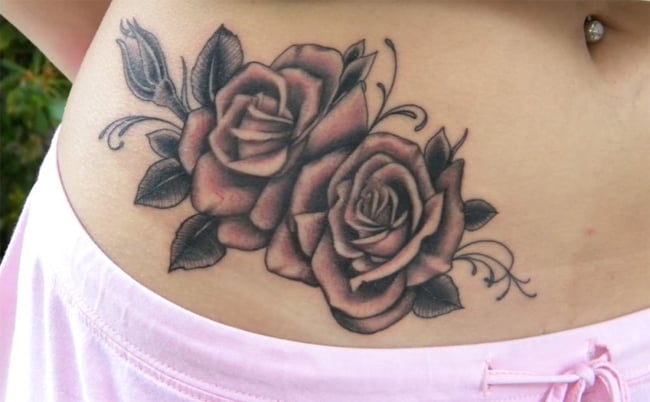 Creative Black and White Rose Tattoo on Belly