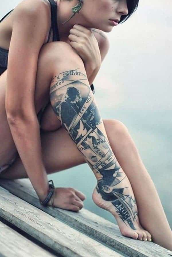 Cool Leg Sleeve Tattoo Design for Women 2016