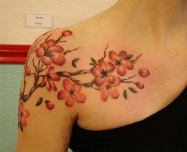 Creative Cherry Blossom Tattoo on Shoulder