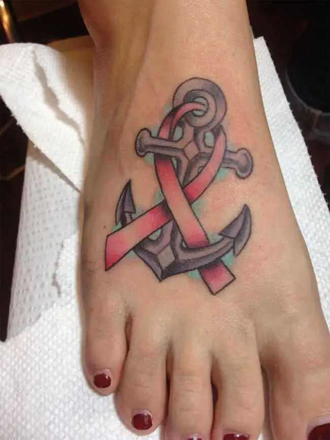 Cute Anchor With Breast Cancer Ribbon Tattoo Art