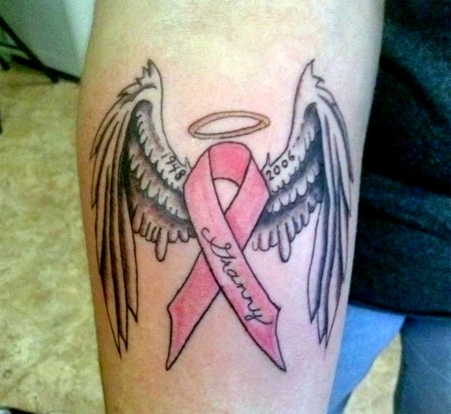Leg Breast Cancer With Angel Wings Tattoo Designs