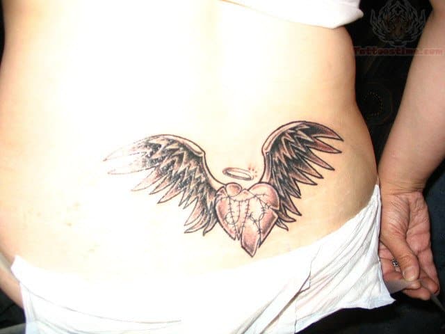 Lower Back Heart and Angel Wing Tattoo Design for Ladies