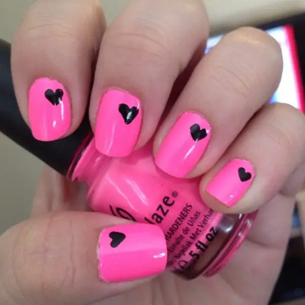 Best Neon Pink Nail Art With Black Heart Shape