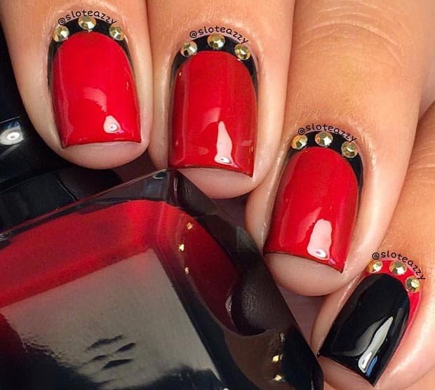 cool-red-and-black-nail-design-with-gold-details