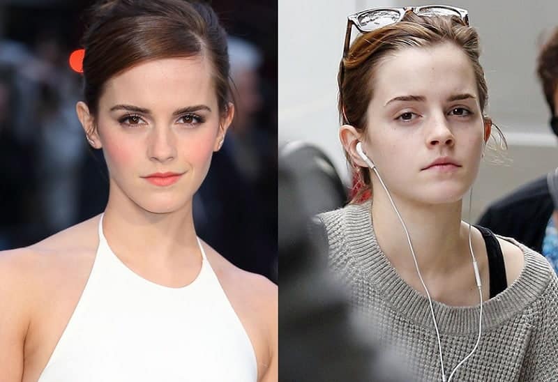 Emma Watson with and without makeup look 