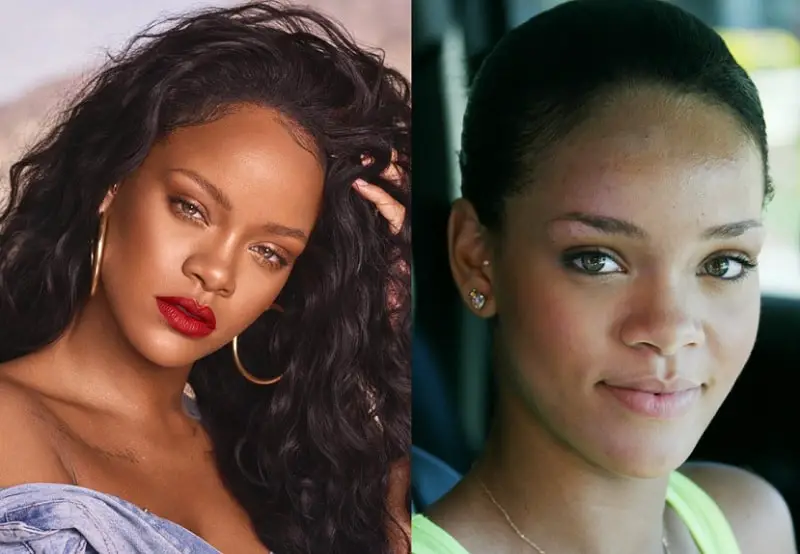 Rihanna with and without makeup look 