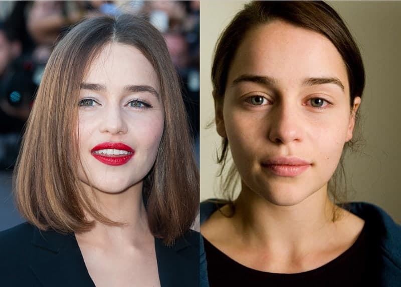 Emilia Clarke with and without makeup look 