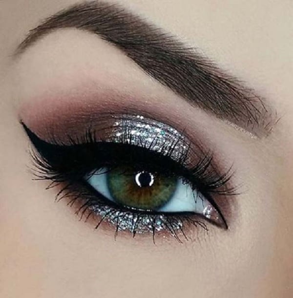 brown and silver glitter eye makeup